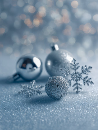Shimmering silver embellishments and intricate snowflake ornaments softly rest on an icy sheen, illuminated by twinkling bokeh lights creating a festive winter ambiance.の写真素材