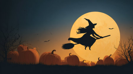 A shadowy figure rides through a haunting sky, soaring above glowing gourds and twisted trees under a luminous crescent moon, evoking eerie Halloween magic.の写真素材