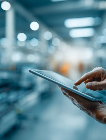 Skilled hands operate a sleek digital device amid a high-tech factory setting, illustrating smart automation and streamlined workflow integration.の写真素材