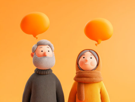 An inviting 3d scene of senior partners dressed warmly, engaging in cheerful dialogue, with empty...