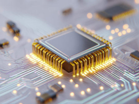 A detailed close-up reveals a shimmering silicon component with rich gold contacts embedded on a...
