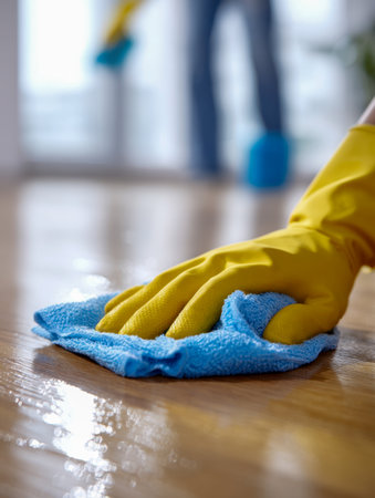 A person in vibrant yellow gloves meticulously cleans a gleaming hardwood surface using a vivid blue cloth, as a second individual mops the backdrop in a sleek, wellの写真素材