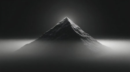An ominous silhouette of a towering pyramid cuts through dense fog, illuminated from behind, evoking a haunting, otherworldly ambiance in shades of gray.の写真素材