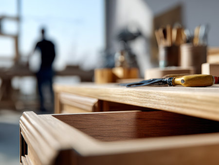 A craftsman's workspace features an open wooden drawer filled with hand tools, while a blurred figure in the background shapes a piece, embodying skilled craftsmanship.の写真素材