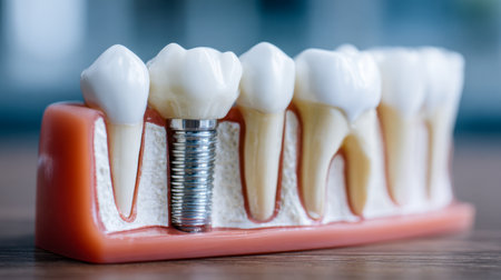A close-up educational display showing a realistic set of teeth with one replaced by a metal-supported implant, illustrating dental restoration techniques and anatomy.の写真素材