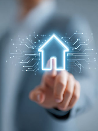 An individual engages with a luminous virtual house symbol within a sleek, high-tech interface, embodying the future of interconnected living and home automation.の写真素材