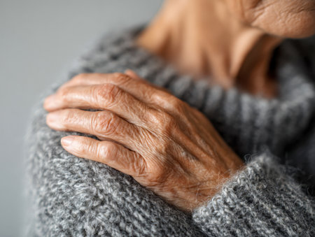 An aged hand with gentle wrinkles lies tenderly on a loved one's shoulder, wrapped in a warm gray knit sweater, capturing a peaceful moment of introspection.の写真素材