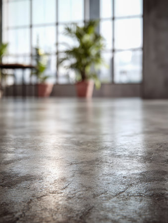 Bright industrial interior with glossy concrete surfaces, sunlight streaming through expansive windows, highlighting lush potted greenery and airy ambiance.の写真素材