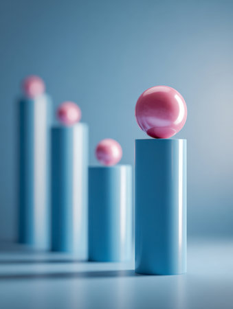 Vibrant pink orbs rest atop ascending azure cylinders, creating a smooth gradient against a gentle blue backdrop that emphasizes modern minimalism and harmony.の写真素材