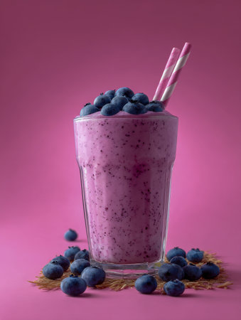 A colorful berry blend in a glass, garnished with juicy blueberries and decorative striped straws, set against a lively pink backdrop with natural blueberries and whの写真素材