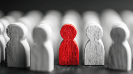 An array of natural wooden figures arranged in a line, with one vibrant red figure at the center, embodying individuality, authority, and distinction in a professional enの写真素材