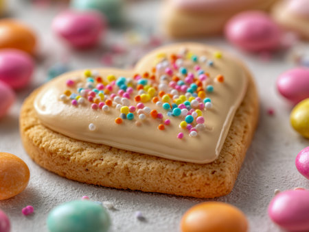 A sweet, pastel ensemble featuring a glossy heart-shaped treat adorned with silky icing and vibrant...