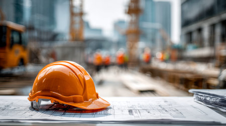 A vibrant orange helmet sits atop detailed blueprints amid a bustling city construction zone, with...
