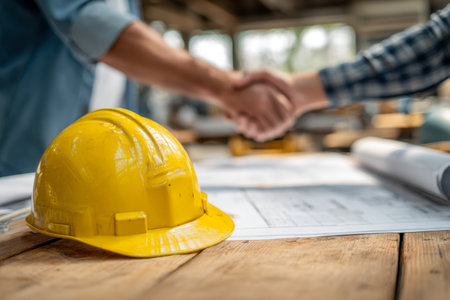 A bright yellow headgear rests atop aged wood, with detailed construction plans spread out behind two colleagues sealing a formal deal through a firm handshake in aの写真素材