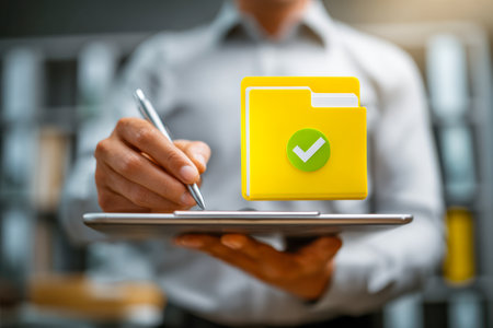A professional in a sleek office setting interacts with a tablet and stylus, securely accessing a bright yellow digital folder marked with a verification symbol.の写真素材