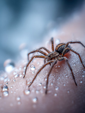 An intricate close-up captures a spider delicately traversing a damp surface shimmering with tiny water beads, set against a softly blurred, cool-toned backdrop.の写真素材