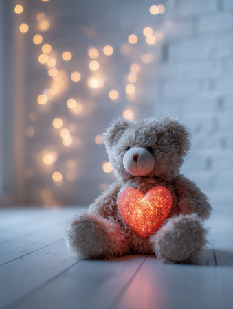 A cute teddy bear rests on a wooden surface, clutching a luminous heart-shaped glow amidst gentle bokeh lights, evoking feelings of comfort and tender warmth.の写真素材