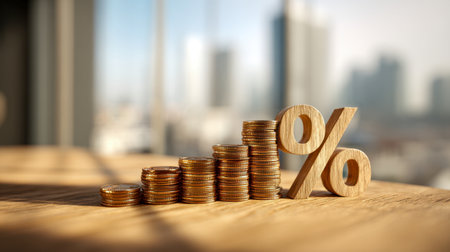A tower of shining coins ascends in uniform steps beside a rustic wooden chart marker, set on a sleek surface with a bustling skyline fading into blur behind.の写真素材