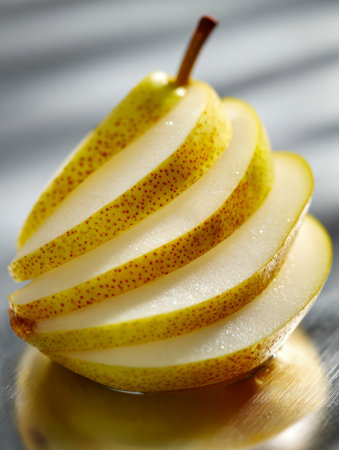 Juicy yellow pear slices with speckled skin artfully arranged on a mirror-like surface, glowing softly under gentle natural light, highlighting their vibrant color aの写真素材