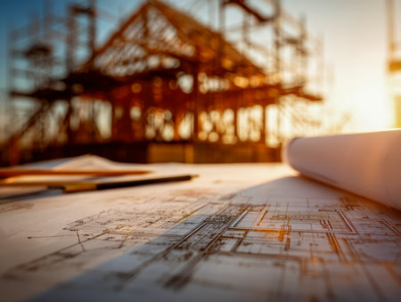 Detailed plans and sketches spread across a workspace as a timber frame rises against a warm sunset, capturing the fusion of design and construction.の写真素材