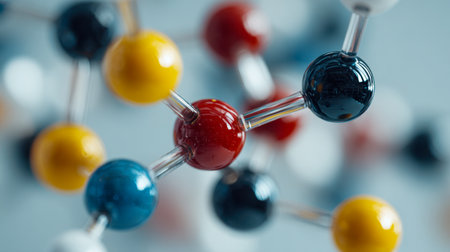 A vibrant, intricate arrangement of glossy spheres in various hues symbolizes molecular structures, interconnected by clear rods, set against a scientific laboratoryの写真素材