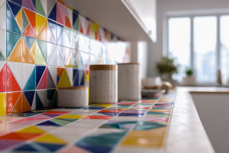 A vibrant kitchen scene featuring a mosaic of bold, angular tiles paired with a sleek countertop and simple ceramic storage jars, illuminated by sunlight streaming tの写真素材