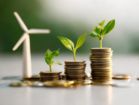 Vibrant seedlings sprout atop coin stacks, symbolizing eco-conscious financial ventures, with a...