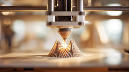 A sleek 3d printing device actively layers intricate building designs amidst a vibrant, futuristic...