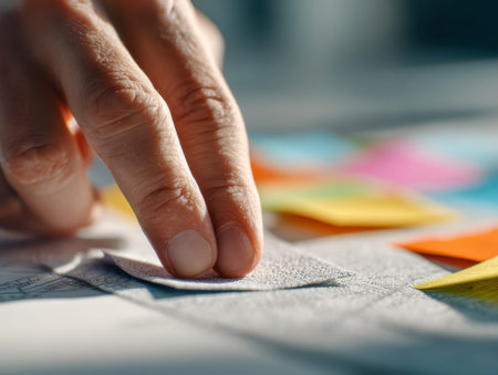 A person arranges tactile fabric samples onto a detailed blueprint, with vibrant color cards in the...