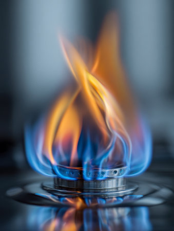Bright blue and fiery orange flames flicker atop a contemporary stove, infusing the kitchen with energy and a cozy, inviting ambiance perfect for culinary creations.の写真素材