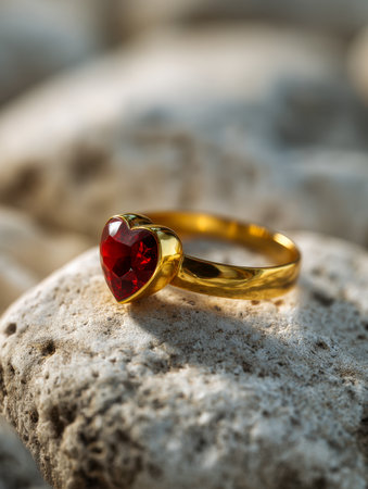 A luxurious gold band displays a striking red heart-shaped gem, resting on a rugged stone backdrop illuminated by gentle natural light, evoking passion and romance.の写真素材