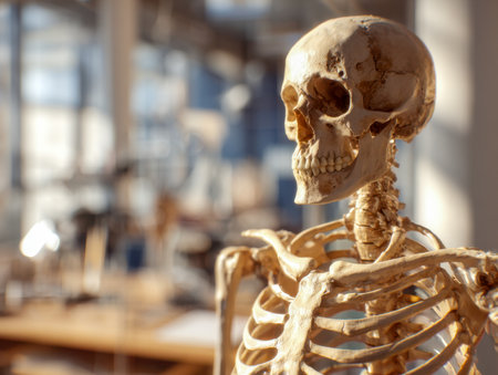 A detailed human skeleton replica bathed in soft daylight, set against a luminous lab backdrop, ideal for educational displays and scientific reference.の写真素材
