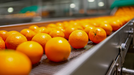 Bright, ripe oranges glide smoothly on a high-tech line, surrounded by vivid hues and sharp focus, capturing efficient flow in a sleek fruit sorting plant.の写真素材