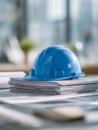 A safety helmet sits atop detailed blueprints, set against a softly blurred office environment, highlighting careful design, strategic planning, and workplace securiの写真素材