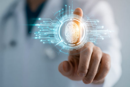 A professional interacts with a sleek digital display, activating cutting-edge biometric verification through an advanced fingerprint scanner in a modern tech settinの写真素材