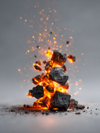 Fiery fragments crackle and flare vividly as molten embers burst forth, illuminating a subdued gray backdrop with energetic bursts of heat and light.の写真素材
