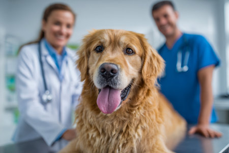 A cheerful golden retriever enjoys a friendly check-up alongside caring veterinarians in a well-lit, compassionate setting that emphasizes professionalism and comfortの写真素材