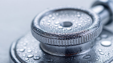 A close-up of a medical stethoscope's chest piece adorned with shimmering water droplets, set against a cool blue-lit backdrop to emphasize cleanliness and health.の写真素材