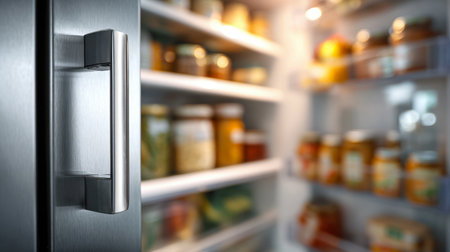 A sleek stainless steel handle complements a cozy kitchen scene, where softly lit, neatly arranged jars and containers evoke warmth and efficient organization.の写真素材