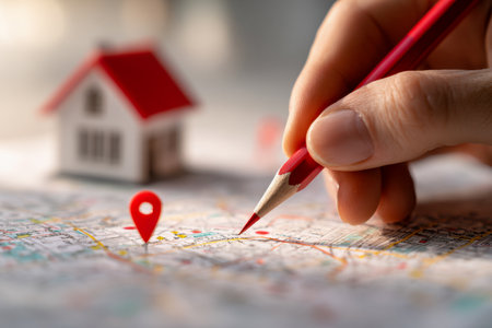 A person?s hand gently marks a destination on a map with a bold red pencil, set against a miniature house, illustrating planning and property exploration.の写真素材