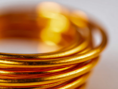 Elegant golden loops arranged in a captivating spiral, with gentle blurring of nearby light glints...
