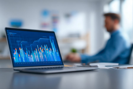 A professional examining complex data visualizations on a sleek laptop amidst a contemporary office setting, highlighting focus and strategic decision-making.の写真素材