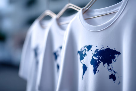 Crisp white tees adorned with minimalist dark blue map illustrations, elegantly displayed on sleek metal hangers against a gentle, out-of-focus backdrop, perfect forの写真素材