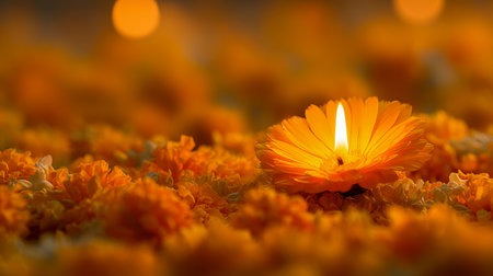 A tranquil scene featuring a gentle candlelight surrounded by cheerful marigolds, exuding warmth and celebration amidst softly glowing background illumination.の写真素材