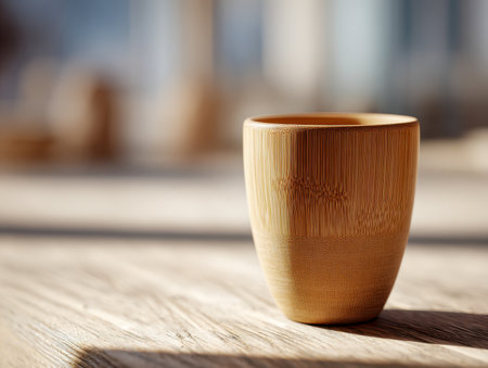 A polished wooden vessel rests softly on a sun-drenched surface, its gentle shadow blending with warm indoor tones illuminated by natural light.の写真素材