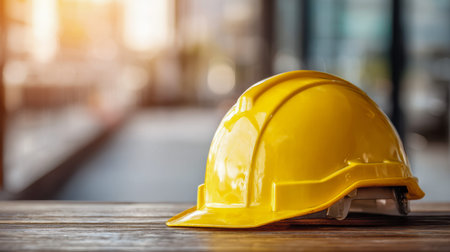 A vibrant yellow safety helmet sits atop aged wooden planks, set against a softly blurred industrial...
