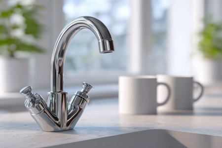 A sleek, reflective chrome fixture with two elegant handles graces a polished marble surface, set...