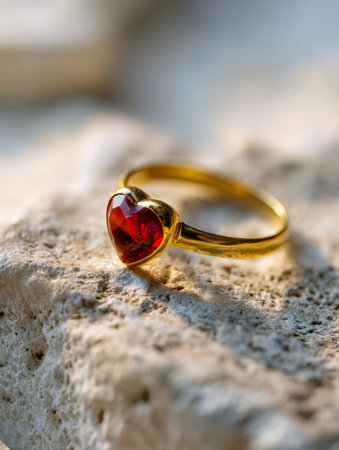 A luxurious gold band delicately set with a vivid red heart-shaped stone rests atop rugged natural stone, illuminated softly to evoke love's enduring charm.の写真素材