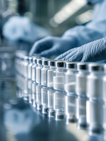 A vigilant healthcare professional in safety gloves examines neatly arranged, sealed glass containers on a glossy surface, emphasizing precision and sterile quality.の写真素材