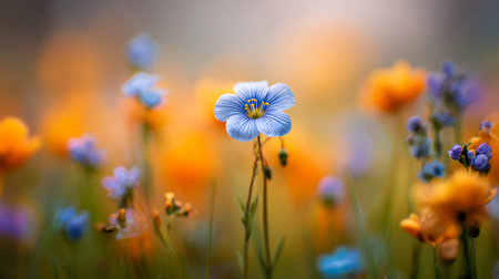 A vivid blue blossom stands out sharply against a hazy tapestry of tender orange and lavender blooms, bathed in gentle sunlight that evokes a serene spring atmosphere.の写真素材